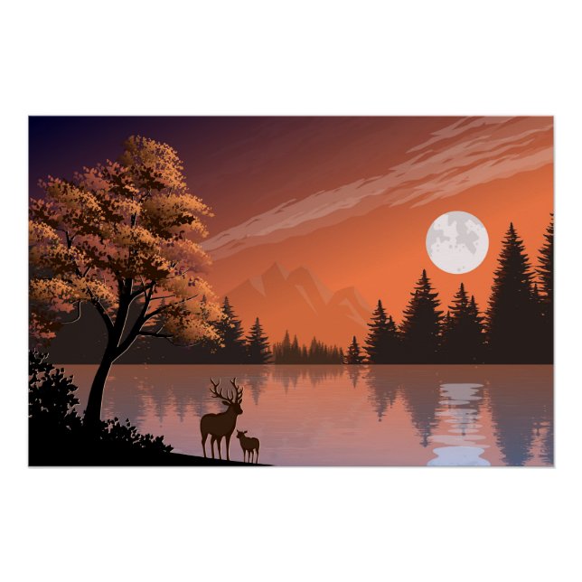 Póster Paisagem Sunrise com Lago e Deers-51207 (Frente)