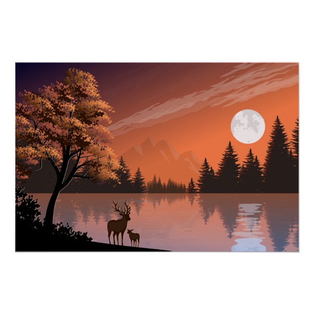 Póster Paisagem Sunrise com Lago e Deers-51207 (Frente)