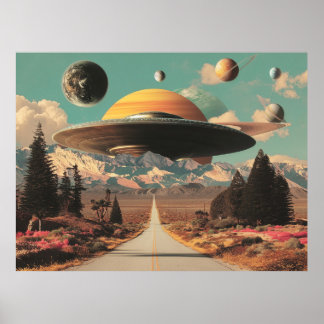 Poster Paisagem Surrealista com Estrada, OVNI e Saturno