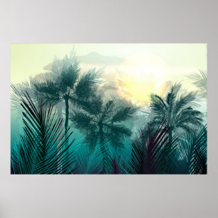 Poster Paisagem tropical com palmeiras e folhas
