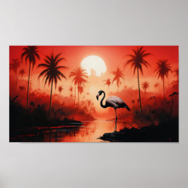 Poster Paisagem Tropical Com Um Flamingo Solitário