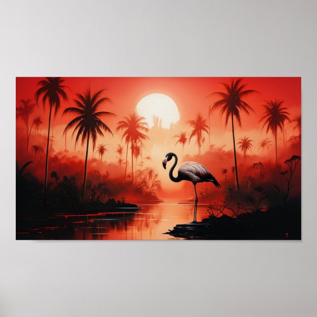 Poster Paisagem Tropical Com Um Flamingo Solitário (Frente)