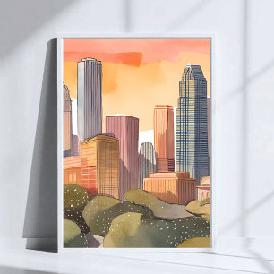 Poster Paisagem Urbana ao Pôr do Sol Aquarela da Silhue