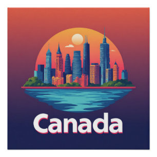 Póster Paisagem Urbana da Cidade do Canadá ao Pôr do Sol
