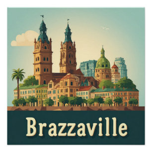 Póster Paisagem urbana de Brazzaville com catedral histór