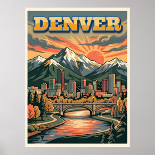 Poster Paisagem Urbana de Denver Colorado Viagem Vintage
