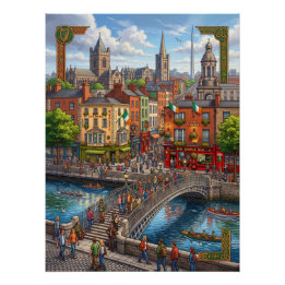 Póster Paisagem Urbana de Dublin Ilustrada e Ponte Ha'pen