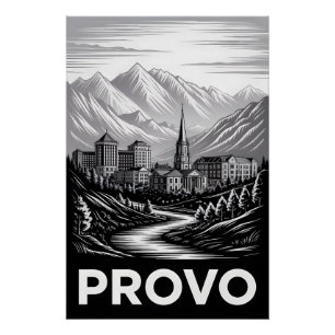Póster Paisagem Urbana de Provo Utah Preto Branco Xilogra