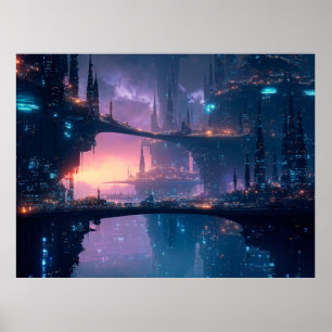 Poster Paisagem Urbana Futurista ao Crepúsculo