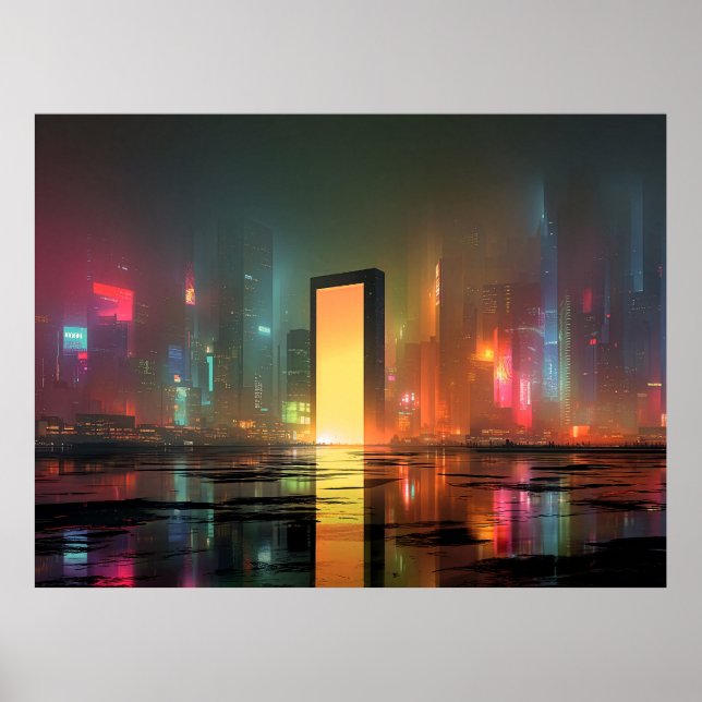 Poster Paisagem Urbana Futurista com Reflexos de Neon (Frente)