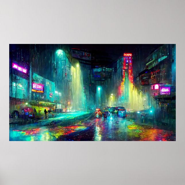 Poster Paisagem urbana futurística com edifícios, pessoas (Frente)