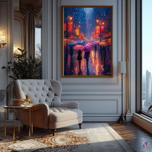 Poster Paisagem Urbana Impressionista de Cidade Chuvosa –