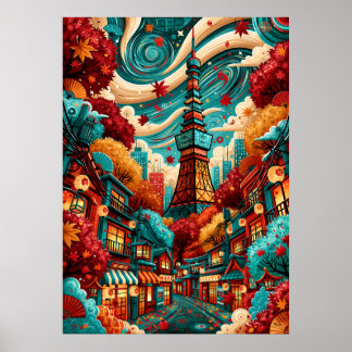 Poster Paisagem urbana psicodélica da Torre de Tóquio