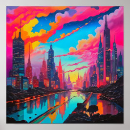 Poster Paisagem Urbana Rosa Azul Psicodélica