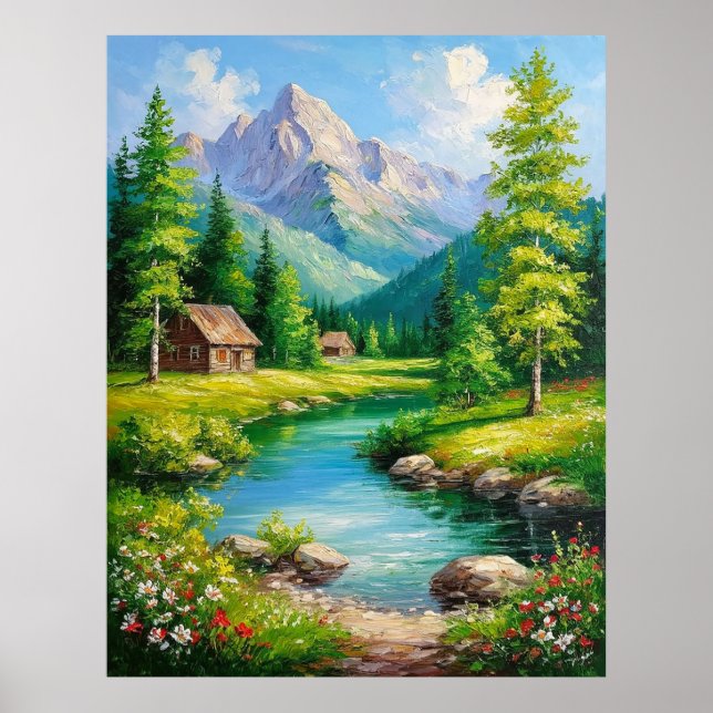 Poster Paisagem Vívida Com Montanhas, Cenário de Rio (Frente)