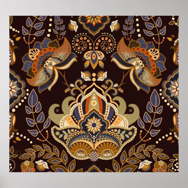 Poster Paisley Escuro: Floral Indiano Sem Semente. (Frente)