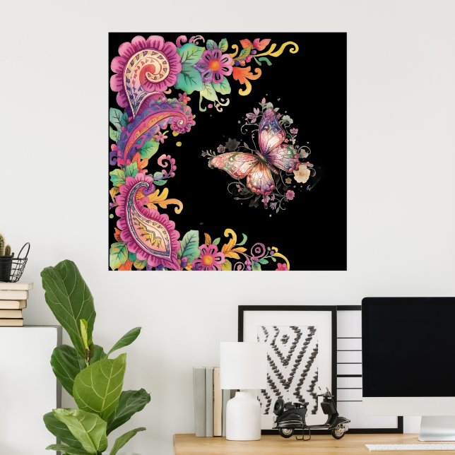 Poster Paisley Floral e Borboleta (Escritório em casa)