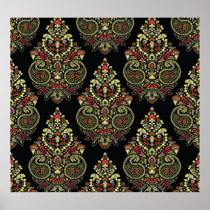 Poster paisley indiano, fundo negro geométrico