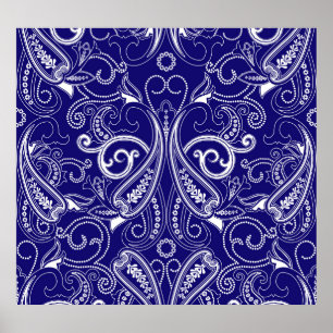 Poster Paisley monocromo: elegância azul e branca.
