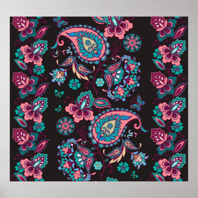 Poster Paisley Stripe: Decorativa Negra Sem Semente (Frente)