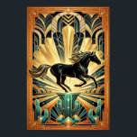 Poster Palácio do Cacto Cavalo Preto Art Déco Ouro Verde<br><div class="desc">Entre num mundo de fantasia ocidental opulenta. Esta obra-prima apresenta um garanhão preto saltando por um grande salão de palácio com cúpula dourada. O primeiro plano é ancorado por cactos teal brilhantes e formações geométricas cristalinas, enquanto o fundo irradia com uma explosão solar dourada em forma de concha. Uma borda...</div>