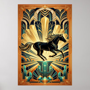Poster Palácio do Cacto Cavalo Preto Art Déco Ouro Verde 