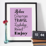 Poster Palavras de Inspiração de Baixa | Tipografia Preta<br><div class="desc">A poster impressão de design de pintura de muro de lembrança de aposentadoria apresenta palavras que soletram RETIRE em na moda preto: "Relaxe,  Entertain,  Viagem,  Indulge,  Read,  Enalegre" com o texto "Desejando uma aposentadoria muito feliz". Use o recurso "personalizar" para alterar a cor de fundo violeta/roxa clara.</div>