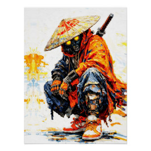 Póster Paleta de Ciber Samurai Faca Neon Laranja Impasto