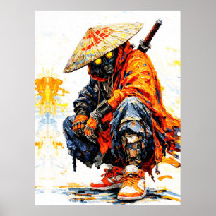 Poster Paleta de Ciber Samurai Laranja Neon Impasto