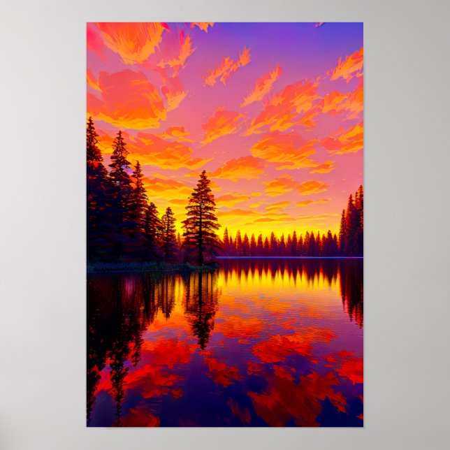Poster Paleta Sunset, céu Dourado e vermelho sobre o lago (Frente)