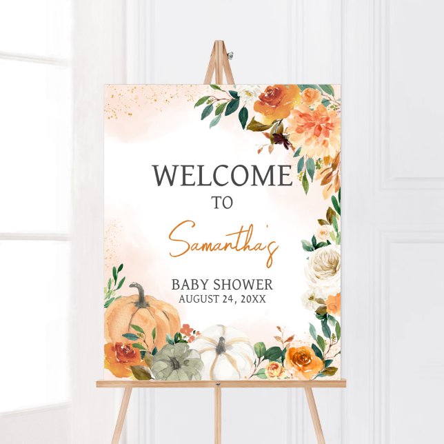Poster Palha Floral de outono Laranja Boas-vindas (Autumn Floral Pumpkin Baby Shower Welcome Sign)