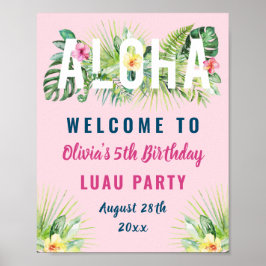 Poster Palha tropical rosa Aloha Luau Aniversário Bem-vin