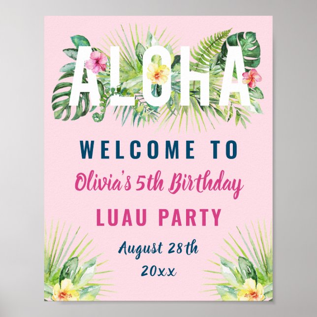 Poster Palha tropical rosa Aloha Luau Aniversário Bem-vin (Frente)