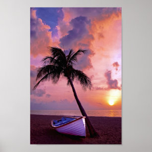 Poster Palm de Barco de Praia Sunset Tropical