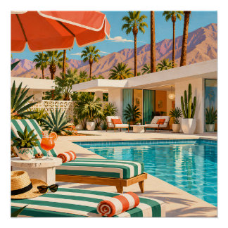 Póster Palm Springs Poolside Retro Mid Century Modern Art