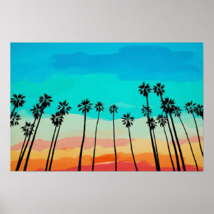 Poster Palm Tree Rainbow Sunset Watercolor