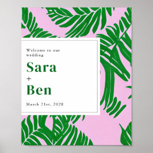 Poster Palm Trees Pink + Green Beach Wedes Bem-vindo