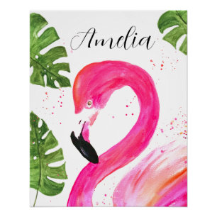 Póster Palma Rosa Tropical Flamingo Deixa Pássaro Verde