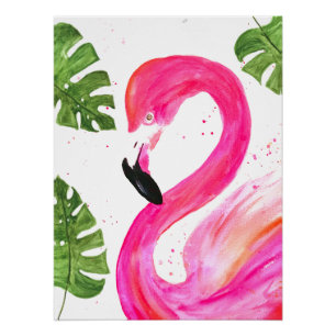 Póster Palma Rosa Tropical Flamingo Deixa Pássaro Verde