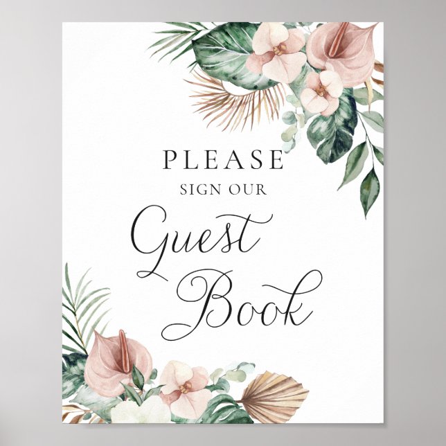 Poster Palma Tropical Floral Blush Livro de Convidados (Frente)