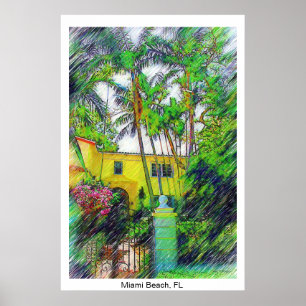 Póster Palmas & paisagem - Miami Beach, coleção de FL