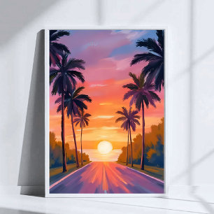 Poster Palmeira Tropical do Pôr do Sol da Praia de Miami