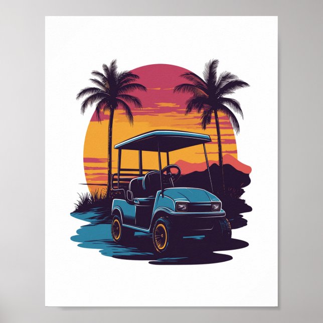Poster Palmeiras de Golfe Carrinho Árvores de Sunset (Frente)