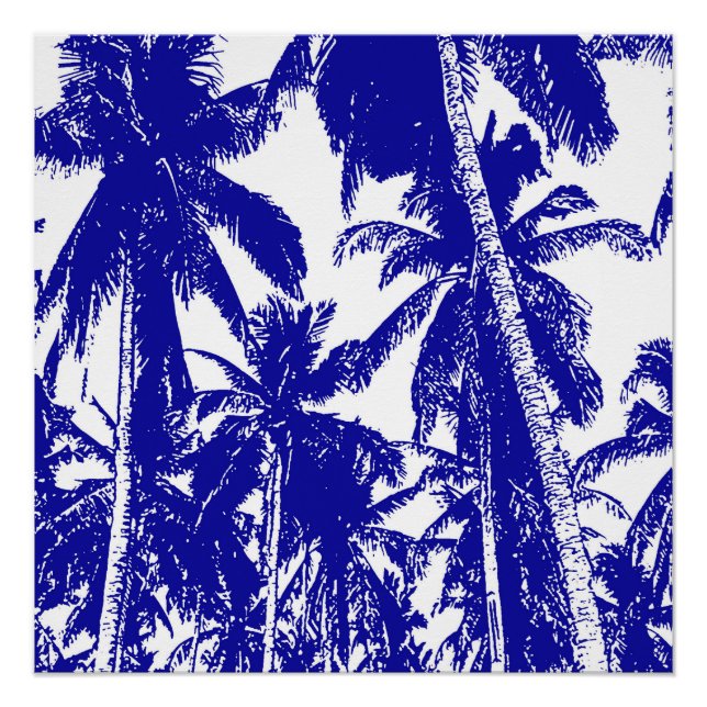 Póster Palmeiras tropicais em azul e branco (Frente)