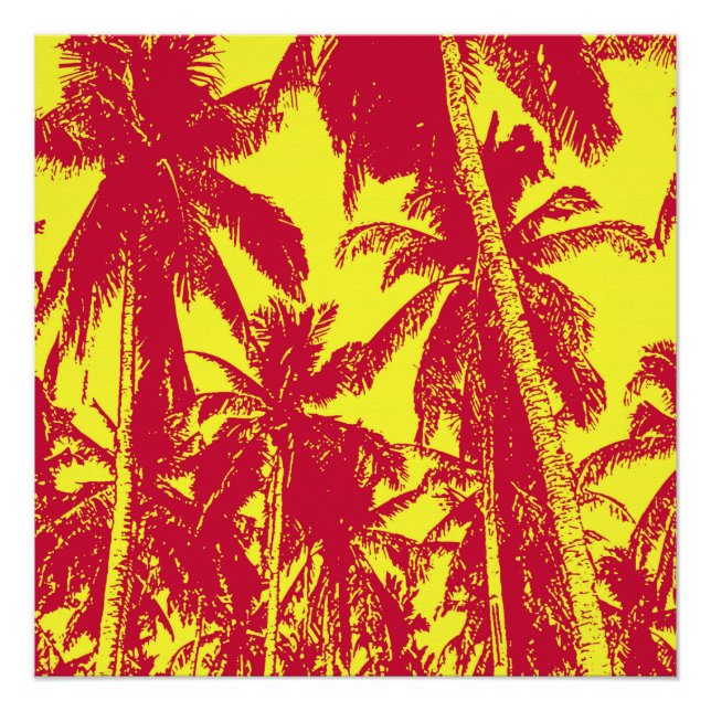 Póster Palmeiras tropicais em vermelho e amarelo (Frente)