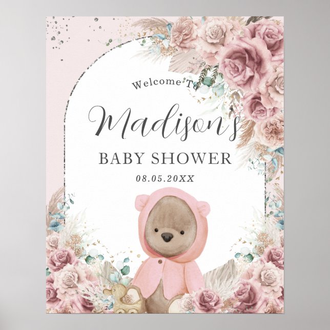 Poster Pampas Grass Blush Floral Cute Urso de Teddy (Frente)
