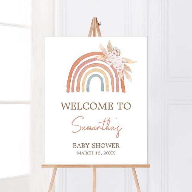 Poster Pampas Rosa Grass Boho Rainbow Bem-vindo (Girl Boho Rainbow Baby Shower Welcome Sign)