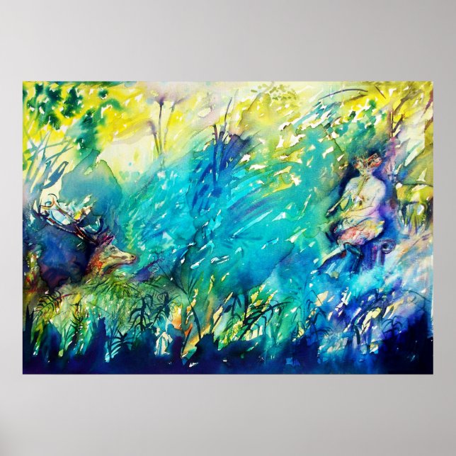 POSTER PAN BRINCANDO FLUTA E CERVEJA EM TERRA VERDE (Frente)