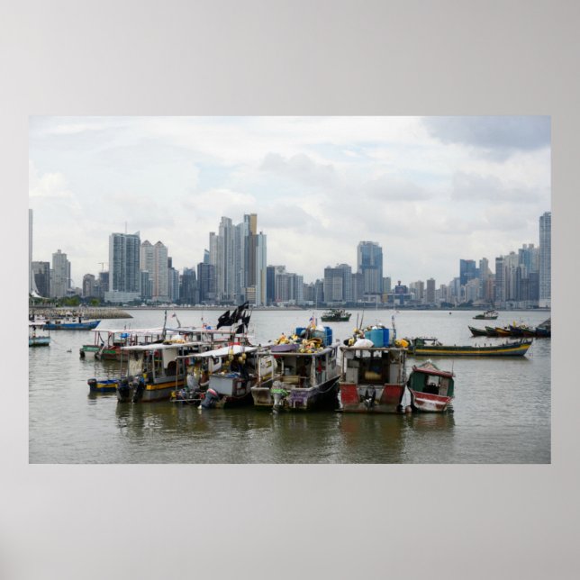 Poster Panamá City Skyline Com Barcos De Pesca (Frente)