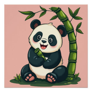 Póster Panda Adorável Abraçando Bambu Arte Fofa de Desenh